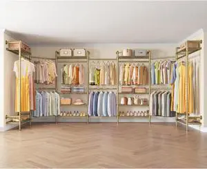 Timate U3 U Shape Garment Rack Heavy Duty Clothes Rack for Hanging Clothes, Expandable Industrial Pipe Clothing Racks Wall Mounted Closets L Shaped Closets Wardrobe Closet System Large Closet Kit Gold
