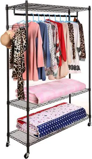 Clothing Rolling Rack, 3 Tiers Heavy Duty Garment Rack, with Lockable Wheels, 2 Side Hooks and 1 Clothes Rod (Black)