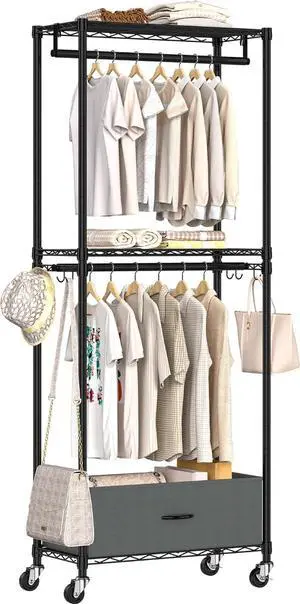 Freestanding Clothes Rack with Drawer, 3 Tier Rolling Garment Rack for Hanging Clothes, Metal Wire Shelving Wardrobe with Rods Portable Closet Organizer Clothing Shelf with Wheels, Black