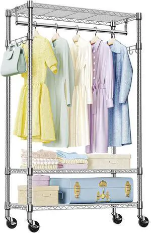 IZEUK Heavy Duty Rolling Garment Rack with 3 Adjustable Wire Shelves, Hanging Rod & Side Hooks - Mobile Clothes Rack with Wheels, 29.5" W x 15.7" D x 75" H,Chrome