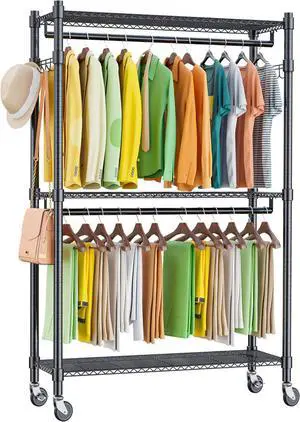 Homdox Double Rod Closet 3 Shelves Wire Shelving Clothing Rolling Rack Heavy Duty Garment Rack with Wheels and Side Hooks
