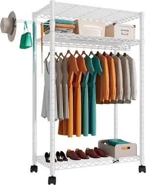 PUNION T1 Heavy Duty Rolling Garment Rack 3 Tiers Adjustable Wire Shelving Clothes Rack with Rod and Side Hook, Freestanding Wardrobe Storage Rack Metal Clothing Rack, White