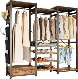 IRONCK Clothes Rack with 3 tier Shelves for Shoes & 2 Drawers, Heavy Duty Garment Rack with Hanging Rods, Closet Organizers and Storage, Vintage Brown