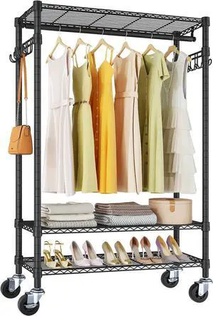 VIPEK R3 Heavy Duty Garment Rack with Lockable Wheels, Portable Rolling Closet with Adjustable Shelves & Hanging Rod & Side Hooks, Compact Space-Saving Storage for Small Apartments/Dorms (Black)