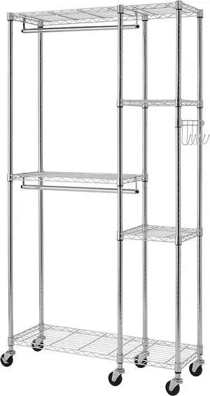 TRINITY EcoStorage Rolling Garment Rack with Shelves and Storage Hooks for Clothing Storage for Bedroom, Closet Organization, Entryway, and More, Chrome, 41 W x 14 D x 76 H