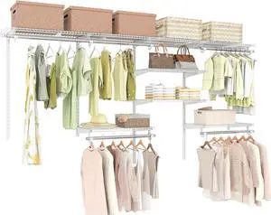 Tangkula 4 to 8 FT Custom Closet System, Wall Mounted Closet with Hanging Rod, Metal Hanging Storage Organizer Rack Wardrobe with Shelves, Adjustable Closet System Kit for Bedroom (White)