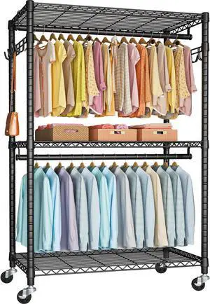 P1 Plus Rolling Clothes Rack, 22mm Diameter Heavy Duty Garment Rack with Wheels, Portable Closet Wardrobe with Double Rods, 45" W x 17.7" D x 80.5" H, Max Load 524 LBS, Black