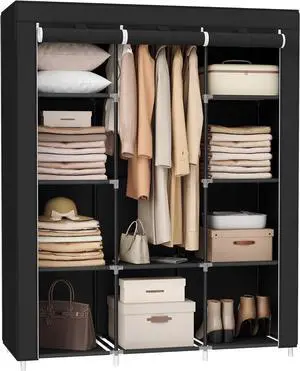 SONGMICS Portable Closet, Clothes Storage Organizer with 10 Shelves, 1 Clothes Hanging Rail, Non-Woven Fabric Closet, Metal Frame, 51 x 17.7 x 66.1 Inches, Black URYG93BK