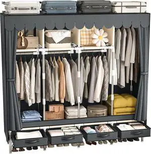 Large Portable Wardrobe with 4 Hanging Rods and Drawers, Armoire, Metal Storage Wardrobe Hangers, Upgraded Grey Non-Woven Dust Cover for Handing Closet,Large Closets for Bedroom