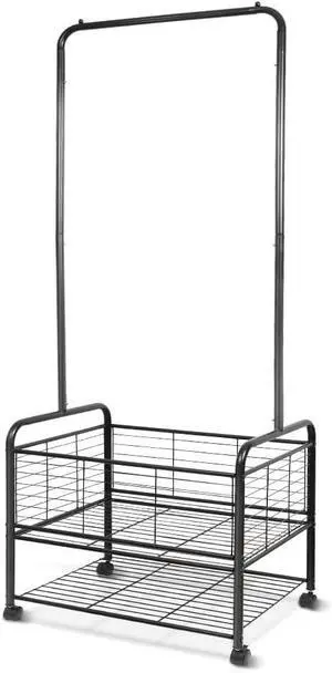Black Metal Rolling Laundry Hamper Butler Cart Basket with Hanging Garment Rack, Storage Organizer with Mobile Wheels