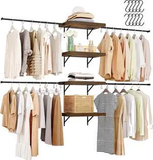 DWVO Closet Organizer System, Wall-Mounted Garment Rack Walk In Closet System, 4 Expandable Hanger Rods 4-Tier Wood Closet Storage Shelves with Backplane, Fits 6-9 ft Space, Black