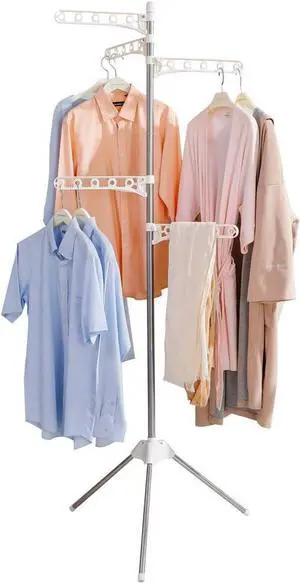 BAOYOUNI Foldable Clothes Drying Rack Collapsible Tripod Coat Hanger Corner Garment Storage Shelf Stand Portable Laundry Organizer Indoor Outdoor with 5 Adjustable Arms - Ivory