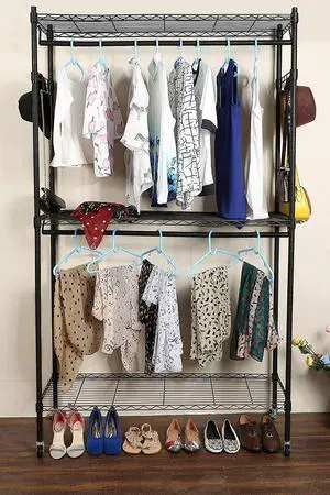 Himimi 3 Tier Heavy Duty Garment Rack, Portable Wire Shelving Clothes Rack for Hanging Clothing with Double Rods, Wheels and Side Hooks, Freestanding Metal Wardrobe Storage Rack,Grey