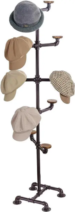 MyGift Industrial Dark Brown Metal Pipe Rack with 10 Round Rustic Burnt Wood Hat Hangers, Decorative Pipework Stand with Hooks for Hanging Hats or Wigs