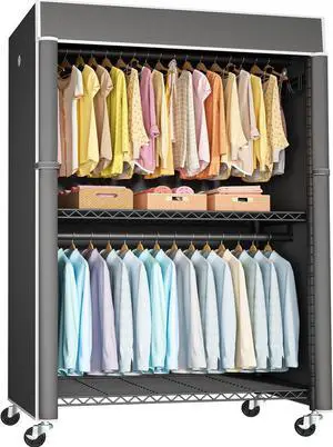 Black Clothing Rack with Dark Gray Cover, P1C Plus Rolling Closet with Wheels, Metal Garment Rack for Hanging Clothes, Clothing Storage Wardrobe, 46" W x 18.5" D x 80.7" H, Load 524 Pounds
