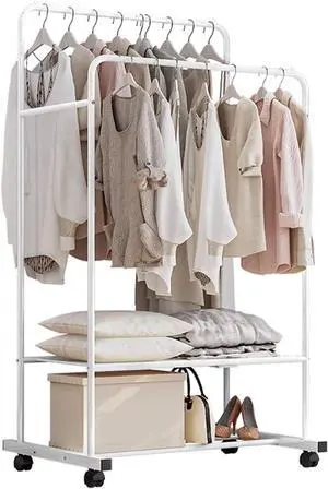 Clothing Garment Rack with Shelves, Upgraded Length Cloth Hanger Rack Stand on Wheels, Clothes Drying Rack with Two Rod(31.5inch White)