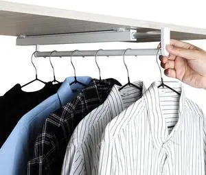 Pull Out Closet Rod - White, 21-1/4 Inch, Telescopic Trouser Rack for Shallow Cabinet, Organize Pants & Clothes