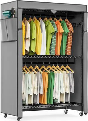 LEHOM G1C Heavy Duty Clothes Rack with Cover, Rolling Garment Rack for Hanging Clothes, Portable Closets with Oxford Fabric Cover, Freestanding Clothing Rack on Wheels, Storage Wardrobe for Bedroom