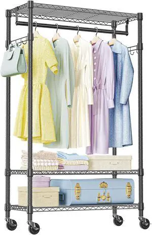 IZEUK Heavy Duty Rolling Garment Rack with 3 Adjustable Wire Shelves, Hanging Rod & Side Hooks - Mobile Clothes Rack with Wheels, 29.5" W x 15.7" D x 75" H, Black