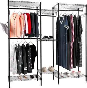 Homdox Free Standing Closet, Wire Shelving Clothing Rack Heavy Duty, with Side Hooks and Clothes Rods (Black)
