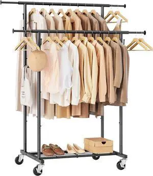 Double Rod Garment Rack with Wheels, Heavy Duty Rolling Clothes Rack For Hanging Clothes, Portable Metal Clothing Rack with Shelves,Black, 64.2inch Chrome