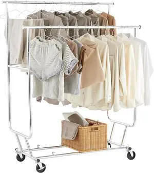 Yaheetech Rolling Clothes Rack, Heavy Duty Double Rail Clothing Rack, Commercial Portable Garment Rack with Wheels for Bedroom, Clothing Store, Chrome, 74" L × 21.5" W × 65" H