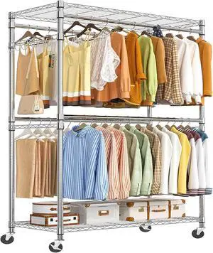 Simple Trending Portable Wardrobe Closet with 4 Adjustable Hanging Rods, Heavy Duty Clothes Clothing Garment Rack with Wheels Load 450 LBS, Chrome