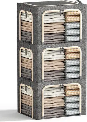3 Openings Clothes Storage Bins with Metal Frame, Foldable Storage Bin for Clothes, Clothing Storage Bins with Lid, Linen Storage Box With Clear Window Zippers Durable Handles.(3 Pcs,Dark Grey,40L)