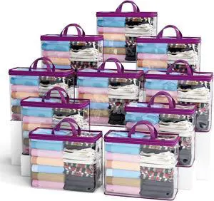 10PACK Clear Zippered Storage Bags for Clothes, 22L Clear Storage Bag, and Blanket Storage Bags for Bedding, Linen, Blankets, Comforters, Clothing & Toys (Purple)