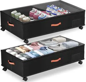 Under Bed Storage with Wheels,2-Pack Under Bed Storage Containers with Clear Lids,XXL 66L Large Under the Bed Storage Organizer Bins With Handles,Space Saving Design for Clothes,Shoes,Books-Black