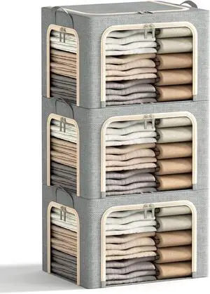 3 Openings Clothes Storage Bins with Metal Frame, Foldable Storage Bin for Clothes, Clothing Storage Bins with Lid, Linen Storage Box With Clear Window Zippers Durable Handles.(3 Pcs,Light Grey,40L)