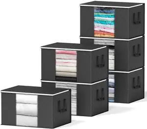 SpaceAid 6 Pack 90L Clothing Storage Bags, Heavy Duty Closet Storage Bins, Extra Large Moving bags, Storage Containers for Clothes, Blankets, Comforters, and Pillows - Black