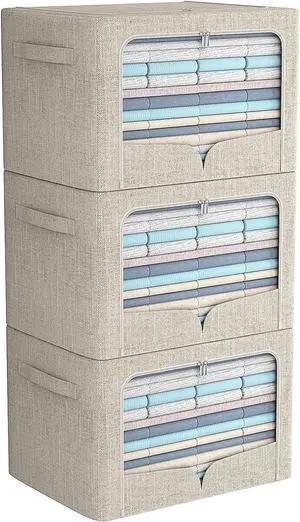 3 Pack Clothes Storage Bins Foldable Metal Frame Storage Box Stackable Linen Fabric Organizer Set with Carrying Handles and Clear Window (Beige, 15.7x11.8x7.8inch(22L))