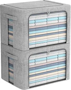 2 Pack Clear Window Storage Bins Stackable Linen Fabric Storage for Clothes Foldable Box Organizer Set with Carrying Handles(Light Gray, 15.7X 11.8X 11.7 Inch)
