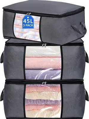 3 Pack Clothes Storage Bags with Zipper, 45L Foldable Blanket Storage Box with Clear Window Sturdy Handles for Closet, Dorm, Pillows, Bedding, Sheet, Comforter, Gray