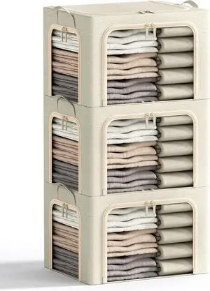 3 Openings Clothes Storage Bins with Metal Frame, Foldable Storage Bin for Clothes, Clothing Storage Bins with Lid, Linen Storage Box With Clear Window Zippers Durable Handles.(3 Pcs,Beige,40L)