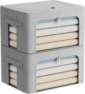 2 Pack Clothes Storage Bins Stackable Metal Frame Storage Box Foldable Linen Fabric Organizer with Carrying Handles and Clear Window (Light Gray, 15.7x 11.8x 7.8Inch)