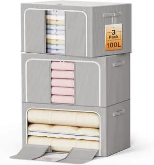 Clothes Storage Bins with Metal Frame Foldable Storage Box Clothes Organizers Storage Containers for Clothes Sheets Blankets Books Toys Gifts and Holiday Decorations (100Lx3 Pack)