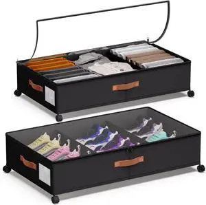 Under Bed Storage with Wheels - Rolling Underbed Containers with PVC Clear Lid & Dividers, 600D Oxford Fabric, PU Leather Handles, Adjustable Magic Tape Partition, XXL 66L,2 Pack (Black)