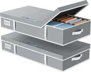 Yecaye 2 Pack Under Bed Storage Containers, Large Underbed Storage Drawers with Lid, Foldable Low Profile Stackable Bins with Clear Window & 4 Handles for Clothes, Blanket, Shoes, Grey, 31.5*15.75*6in