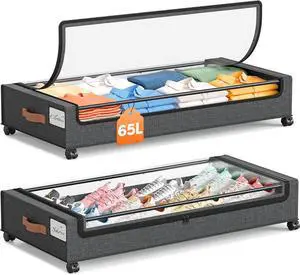 Yecaye Under Bed Storage with Wheels 2 Pack, 65L Large Capacity Under Bed Storage Containers with Metal Frame & Clear Lid, Rolling Underbed Organizer Bins Drawers for Clothes, Shoes, Blankets, Grey