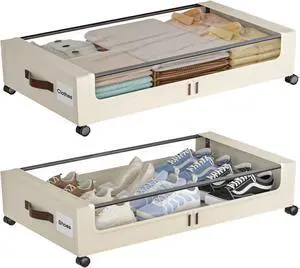 Under Bed Storage with Wheels,XXL 60L Under Bed Storage Containers with Clear Lids, Rolling Under Bed Metal Drawer for Clothes, Shoes,Toys (White, 2 Pack)