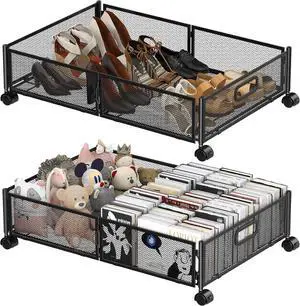 Under Bed Storage Containers,2 Pack Foldable Underbed Storage Containers with Handles and Wheels,Folding Bed Shoes Clothes Organizer,Easy Assembly Underbed Storage for Toy,Bedding,Bedroom(Black)