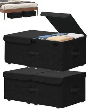Under Bed Storage Container with Wheels, 2 Pack 10" High Deep Underbed Rolling Box Storage Bins Drawers with Lids for Bedroom, Dorms, Clothes, Shoes, Blankets, No Assemble Required, Black