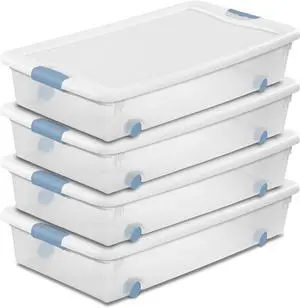 Sterilite 56 Qt Wheeled Latching Storage Box, Stackable Bin with Latch Lid, Plastic Container to Organize Shoes Underbed, Clear with White Lid, 4-Pack