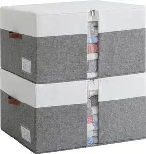 Reinforced LARGE Blanket Storage Baskets with Lids, 2 Packs Stackable Comforter Storage Bag with Clear Window & Handles, Clothes Organizer for Closet,King/Queen Comforters Quilt Duvet