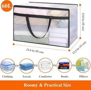 Vieshful 3 Pack 60L Clear Clothes Storage Bags with Zipper and Handles, Large Plastic Organizers for Comforter Clothes Bedding Blankets Duvets Pillow Toys & Moving