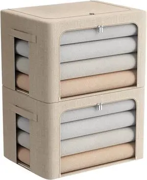 2 Pack Clothes Storage Bins Stackable Metal Frame Storage Box Foldable Linen Fabric Box Organizer with Carrying Handles and Clear Window (Beige, 15.7x 11.8x 11.7 Inch)