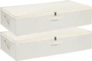 Under the Bed Storage Bins, Closet Organizers with Reinforced Handles for Blanket, Sheets, Pillows, Towels, Shoes, Beige, 2 Pack, 23.6 x 11.8 x 5.9 Inch