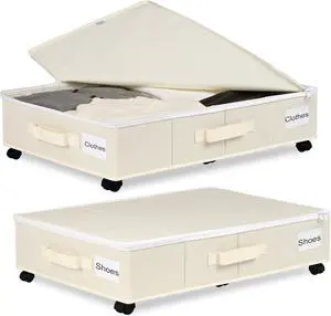 Under Bed Storage with Wheels, 2 Pack Under Bed Storage Containers with Label Holders for Clothes, Shoes and Blankets, Rolling Underbed Shoe Organizer with Cover, Beige (30.71x15.7x7.28 in)